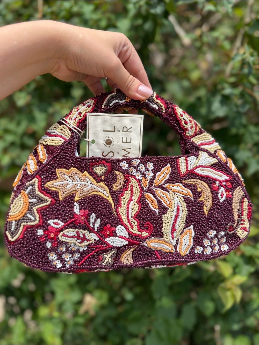 NWT Sol and Mer Leaves Flowers Fall Autumn Burgundy Maroon Beaded Top Handle Bag